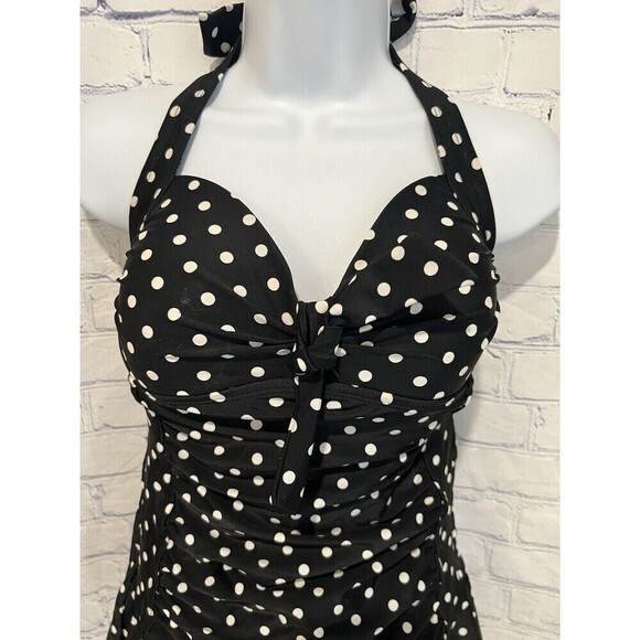 MERONA Swim suit DRESS ONE-PIECE  RUCHED Black Polka Dot size small - Picture 2 of 5
